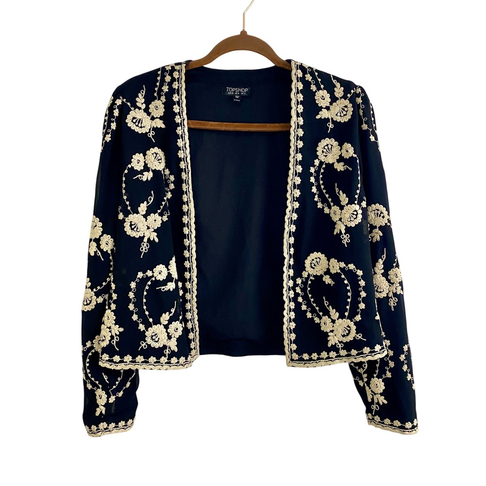 Topshop Embroidered Open Front Jacket Black Cream Floral Boho‎ Whimsigoth Sz 8